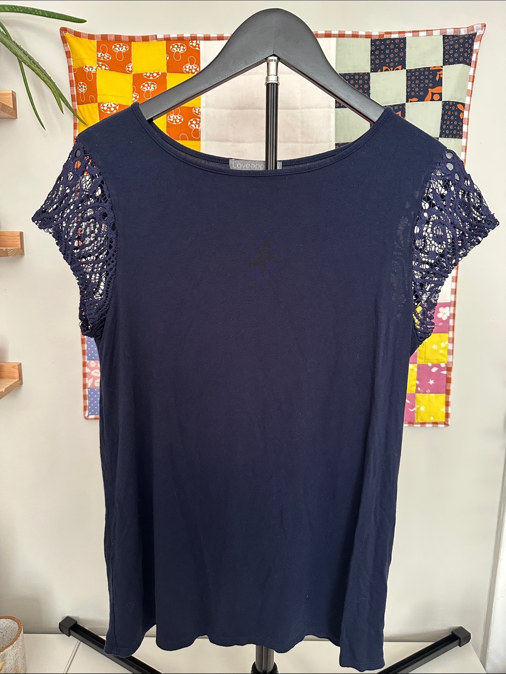Loveappella Navy Crochet Detail Sleeve Tee